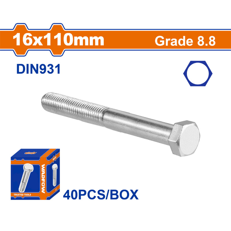Tornillos Hexagonales 16x110mm Rosca completa. Grado 8.8 Galvanizado. Pernos Hexagonales 40 pzas.