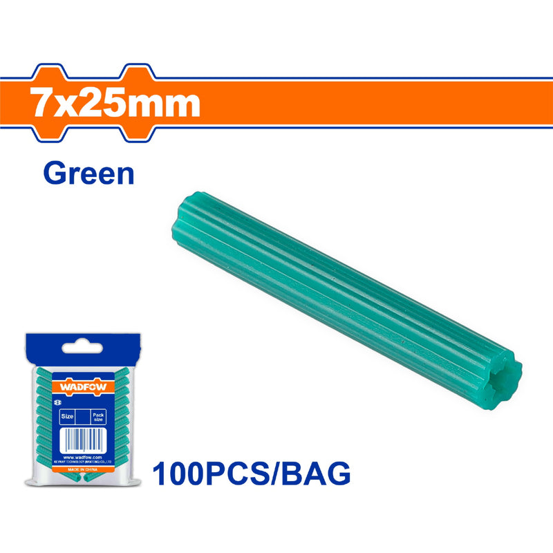 Taco Anclaje Plástico extruido 7x25mm Color: Verde. Se vende en Set de 100 pzas