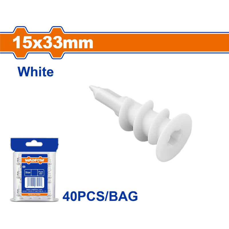 Taco anclaje de nylon para drywall gypsum 15x33mm Color: Blanco. Se vende en set de 40 piezas. Anclaje para Paneles de Yeso.