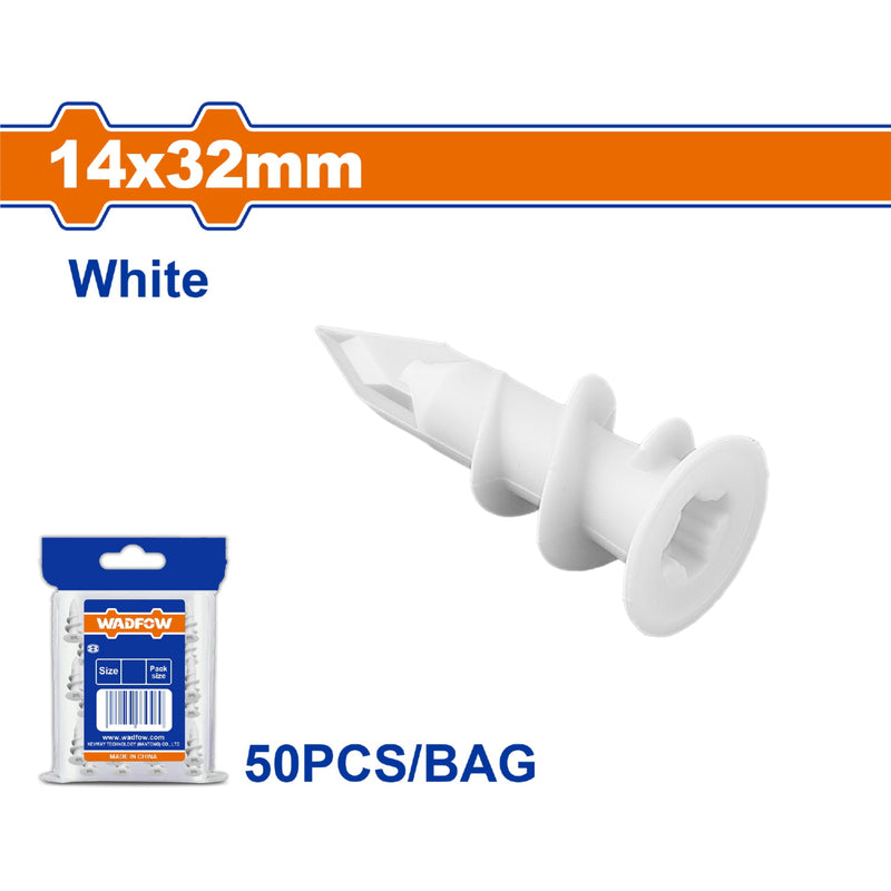 Taco anclaje de nylon para drywall gypsum 14x32mm Color: Blanco. Se vende en set de 50 piezas. Anclaje para Paneles de Yeso.