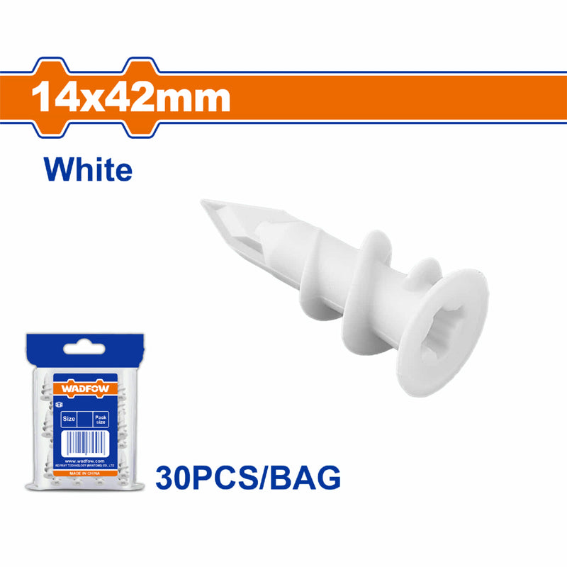 Taco anclaje de nylon para drywall gypsum 14x42mm Color: Blanco. Se vende en set de 30 piezas. Anclaje para Paneles de Yeso.