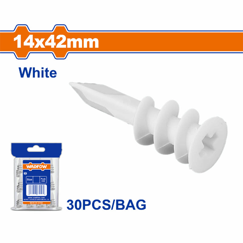 Taco anclaje de nylon para drywall gypsum 14x42mm Color: Blanco. Se vende en set de 30 piezas. Anclaje para Paneles de Yeso.