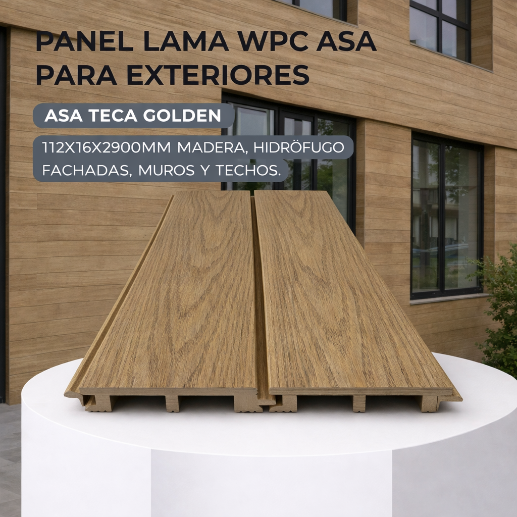 Panel Lama WPC ASA Teca golden wood textured para exteriores 112x16x2900MM, Madera, hidrófugo fachadas, muros y techos
