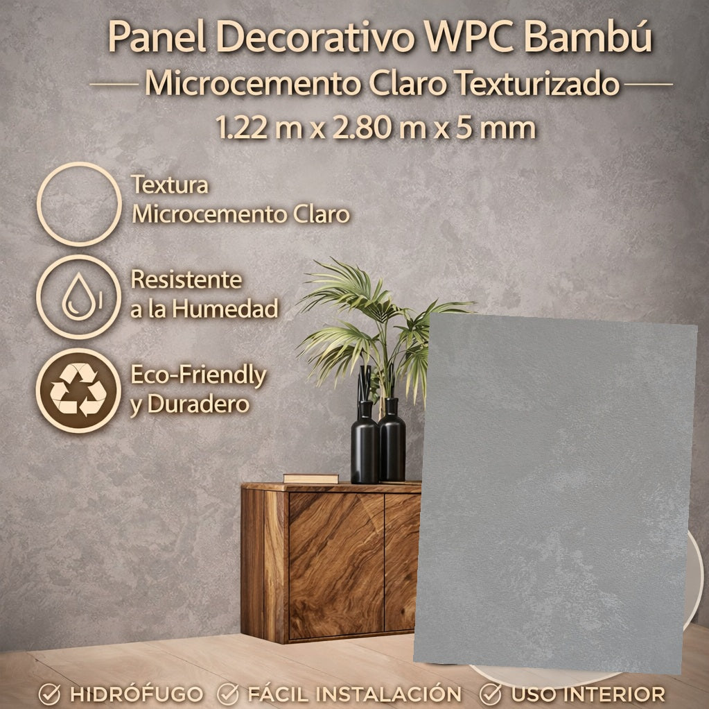 Panel Decorativo WPC Bambú 1.22M X 2.80M X5mm Microcemento claro Texturizado