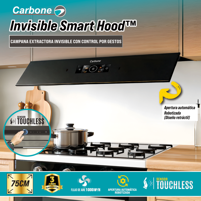 Campana Extractora De Cocina Slim Empotrable Oculta Con Sensor Touchless 200W Y Flujo De 1000 m³/h (75 cm). Extractor Smart Hood. Color Negro