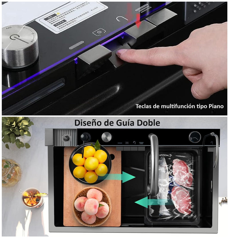 Fregador de cocina multifunción Nano Black Piano switch 750x460x220mm Negro plomo