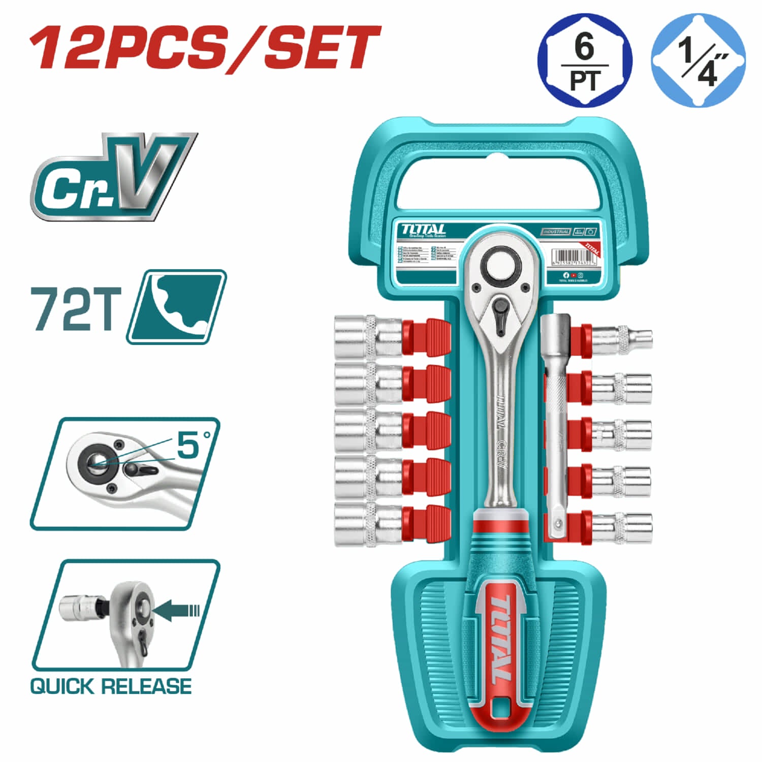 Juego de dados de 1/4 de 12 pzas. CR-V. Acero de Alta Calidad.