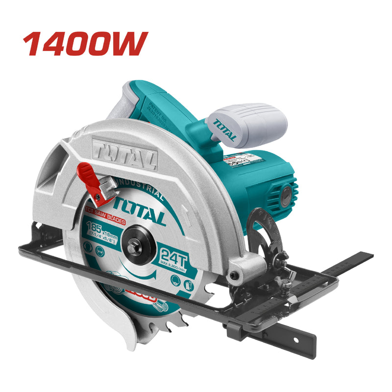 Sierra circular 1400W. Diam. disco185mm. 4800rpm capac. corte 45° 44mm y 90° 65mm.