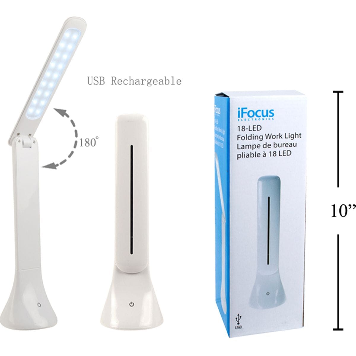 Ifocus, Lampara Luz De Trabajo Plegable De 18 LED, Recargable Por USB, Blanco