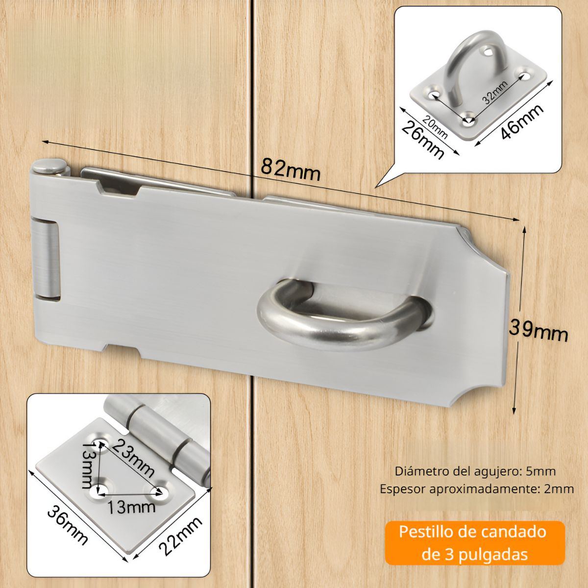 Aldaba Portacandado 5". Acero inoxidable. Pestillo de Seguridad para Puertas y Armarios.