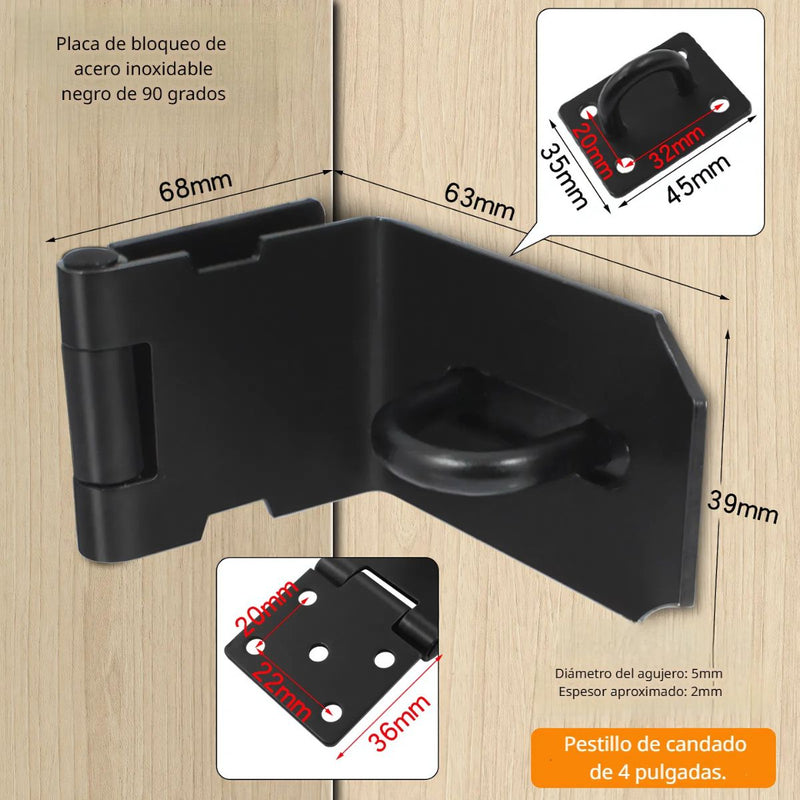 Aldaba Portacandado 4". Acero inoxidable Con Diseño en 90 Grados. Pestillo de Seguridad para Puertas y Armarios. Color negro.