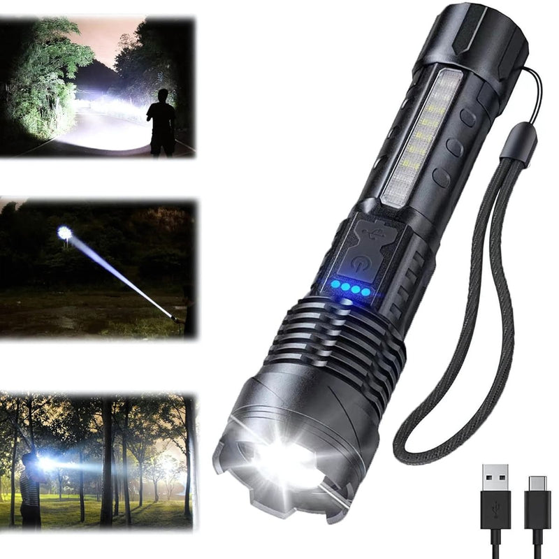 Linterna LED Recargable Alta Potencia XH-P50 con Zoom Telescópico y Resistencia al Agua.