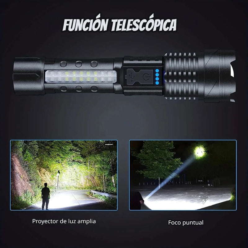 Linterna LED Recargable Alta Potencia XH-P50 con Zoom Telescópico y Resistencia al Agua.