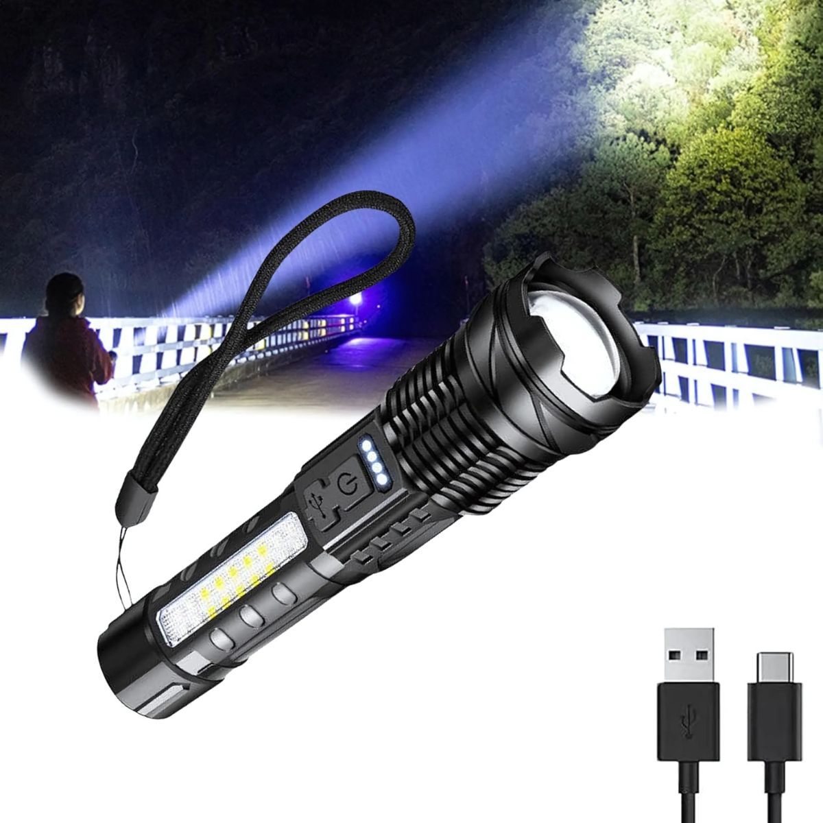 Linterna LED Recargable Alta Potencia XH-P50 con Zoom Telescópico y Resistencia al Agua.