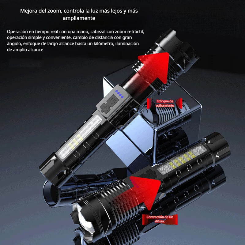 Linterna de Mano Recargable con Enfoque Ajustable y Resistencia al Agua. Ideal para Camping y Emergencias.