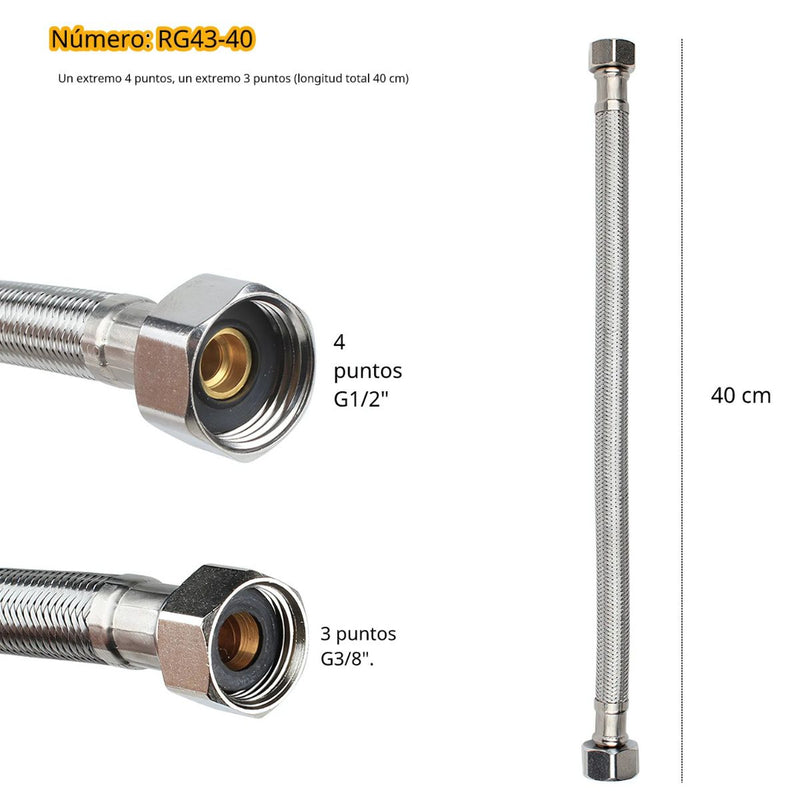 Tubo de abasto Manguera Flexible 40cm Acero Inoxidable Trenzado con Conectores G1/2 y G3/8.