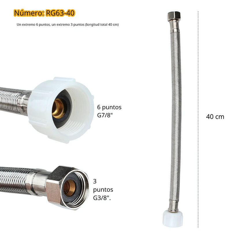 Tubo de abasto Manguera Flexible 40cm Acero Inoxidable Trenzado con Conectores G7/8 y G3/8.
