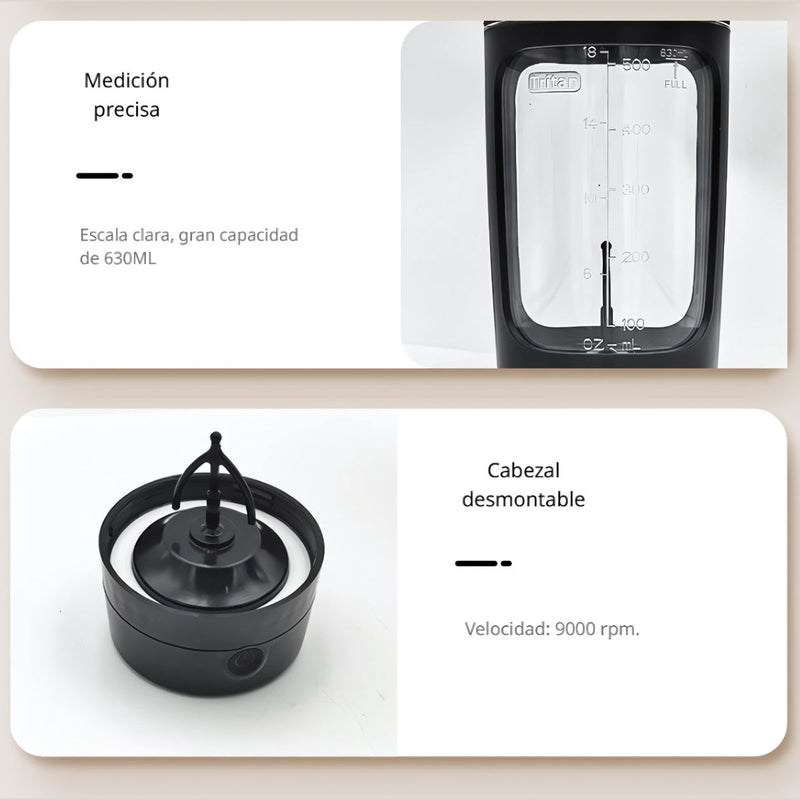 Termo Botella Mezcladora Portátil. Vaso Batidor Recargable de 630ml. Shaker de Proteína Eléctrico Color Negro.