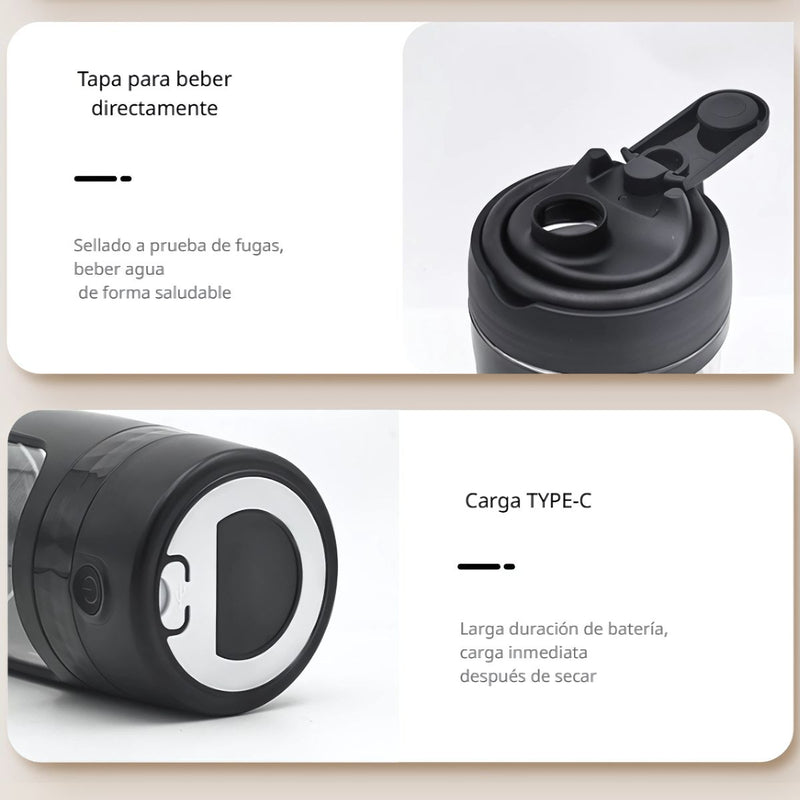 Termo Botella Mezcladora Portátil. Vaso Batidor Recargable de 630ml. Shaker de Proteína Eléctrico Color Negro.