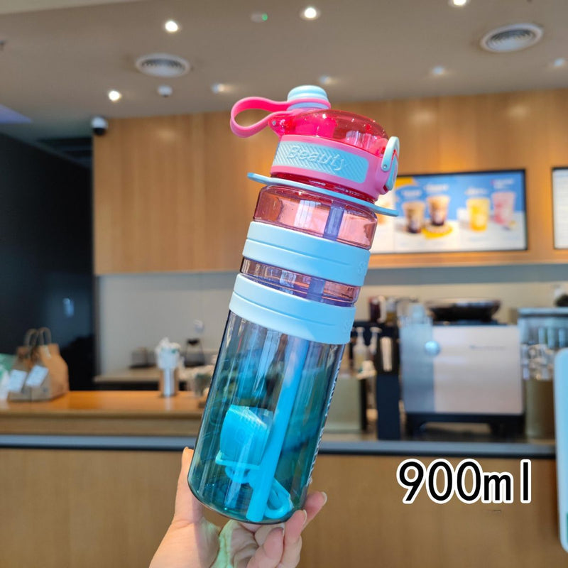 Botella de Agua plástica 900 ml. Termo fucsia con celeste. Tapa Hermética y Diseño Antiderrame. BPA Free.