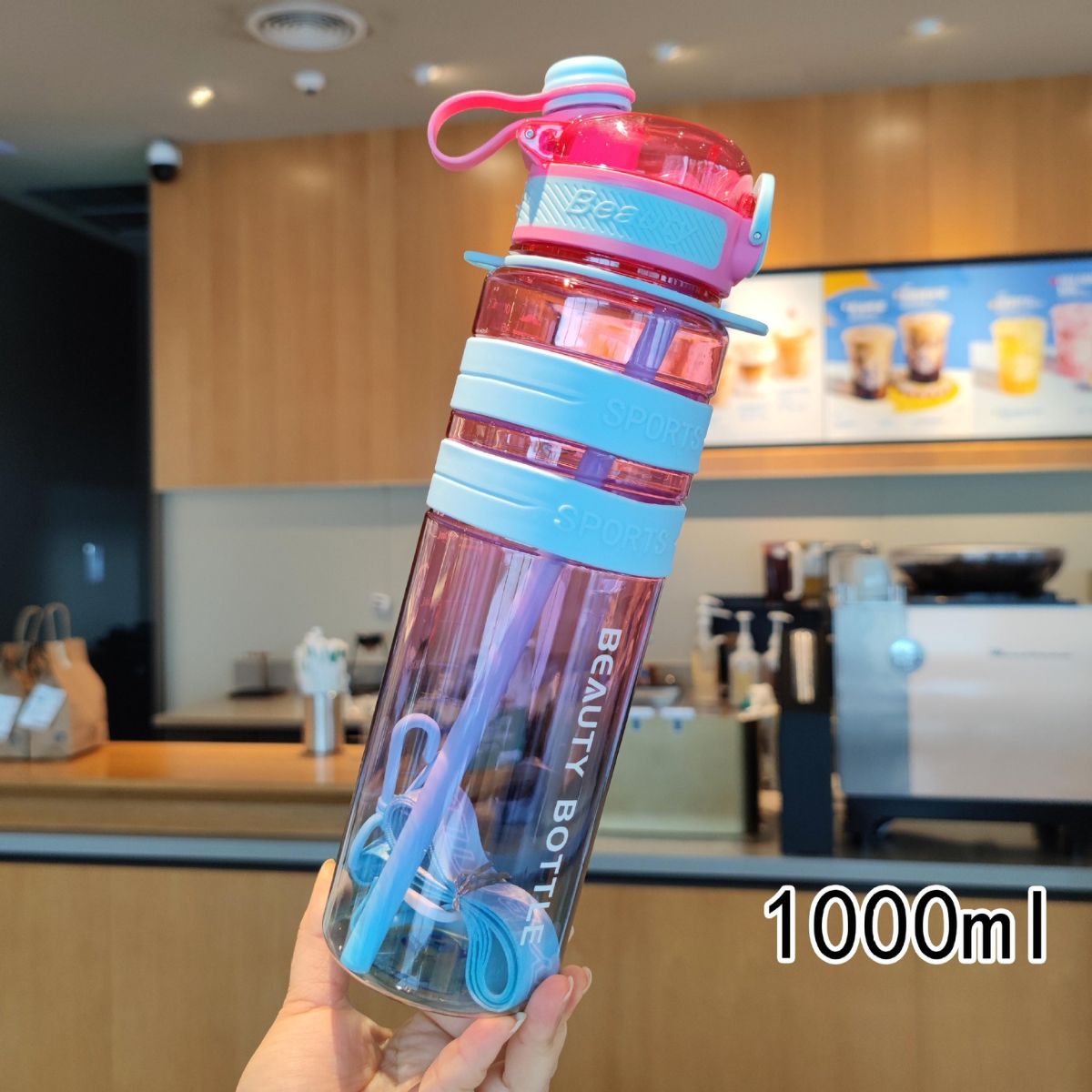 Botella de Agua plástica 1000 ml. Termo fucsia con celeste. Tapa Hermética y Diseño Antiderrame. BPA Free.