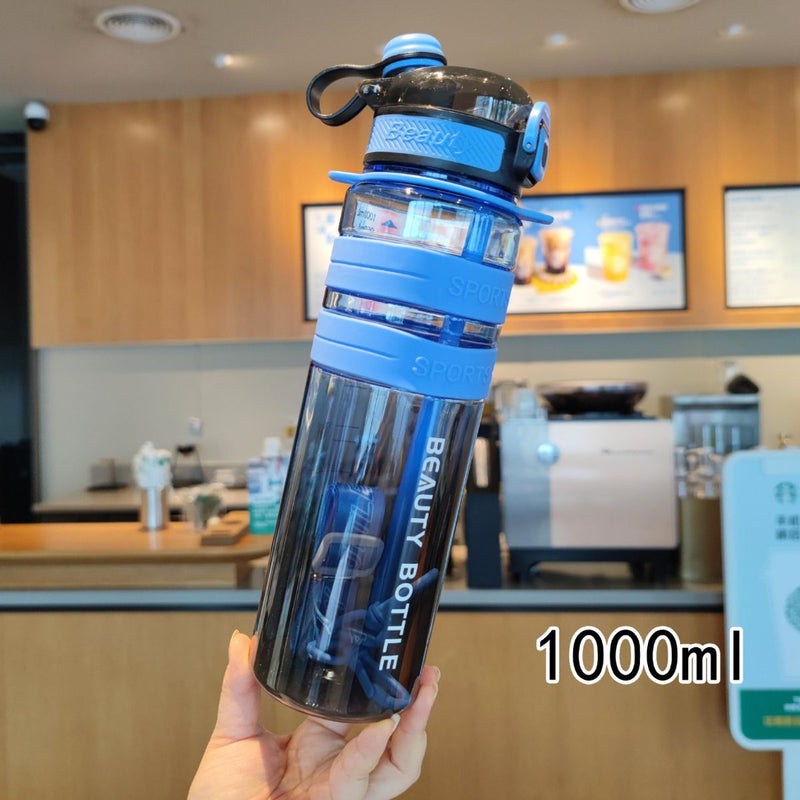 Botella de Agua plástica 1000 ml. Termo azul con negro. Tapa Hermética y Diseño Antiderrame. BPA Free.