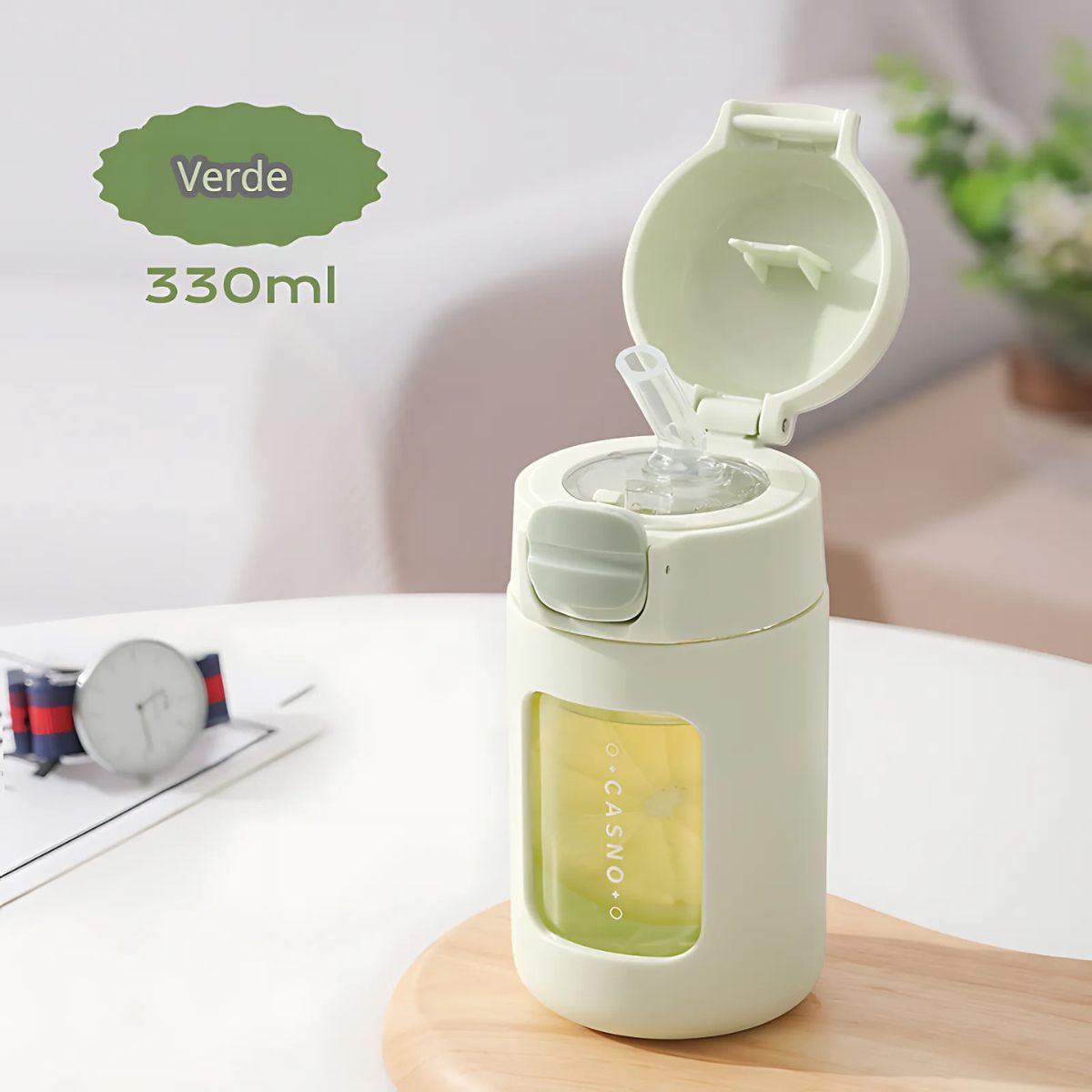 Botella de Agua plástica 330 ml. Termo verde Con Tapa a Prueba de Fugas. BPA Free.