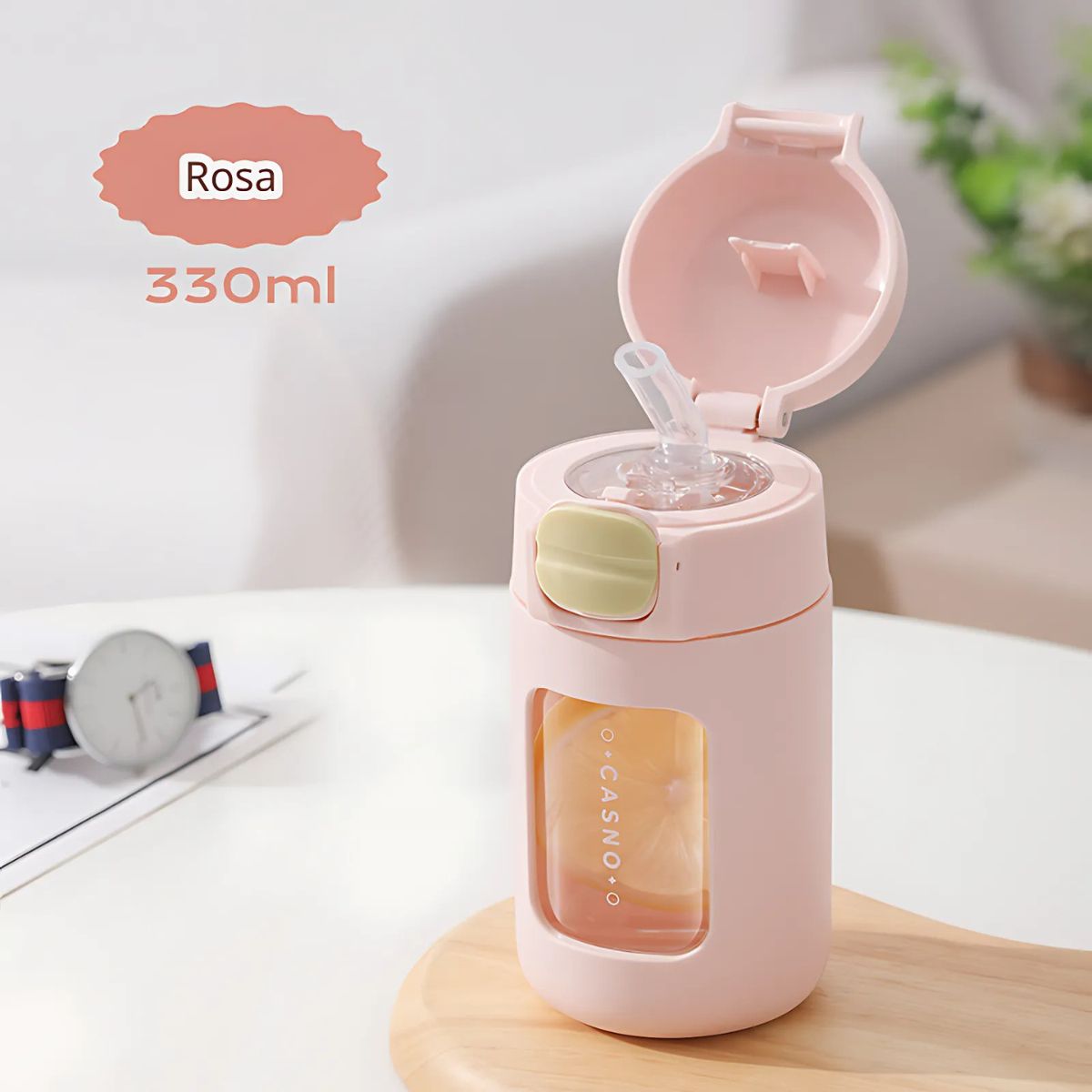 Botella de Agua plástica 330 ml. Termo rosado Con Tapa a Prueba de Fugas. BPA Free.