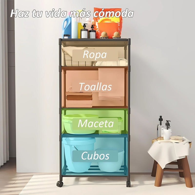Estante Organizador de 5 Niveles con Ruedas para Baño, Cocina o Lavandería. Repisa para almacenamiento. 140x50.5x30cm Color negro.