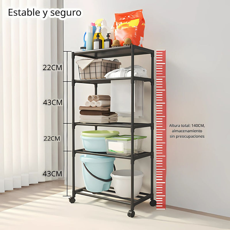 Estante Organizador de 5 Niveles con Ruedas para Baño, Cocina o Lavandería. Repisa para almacenamiento. 140x50.5x30cm Color negro.