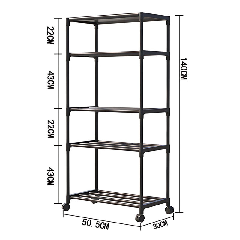 Estante Organizador de 5 Niveles con Ruedas para Baño, Cocina o Lavandería. Repisa para almacenamiento. 140x50.5x30cm Color negro.
