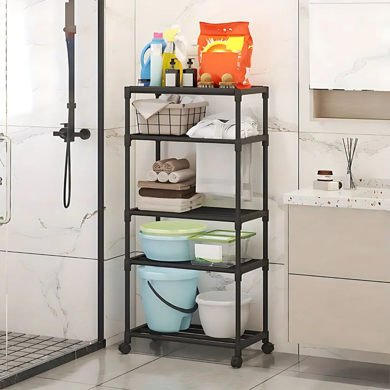 Estante Organizador de 5 Niveles con Ruedas para Baño, Cocina o Lavandería. Repisa para almacenamiento. 140x50.5x30cm Color negro.