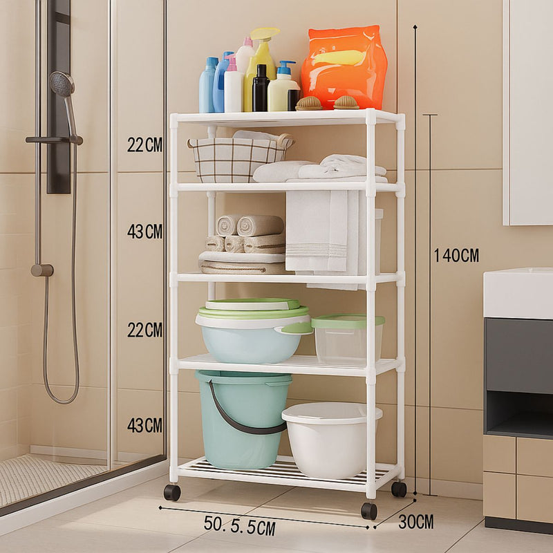 Estante Organizador de 5 Niveles con Ruedas para Baño, Cocina o Lavandería. Repisa para almacenamiento. 140x50.5x30cm Color blanco.