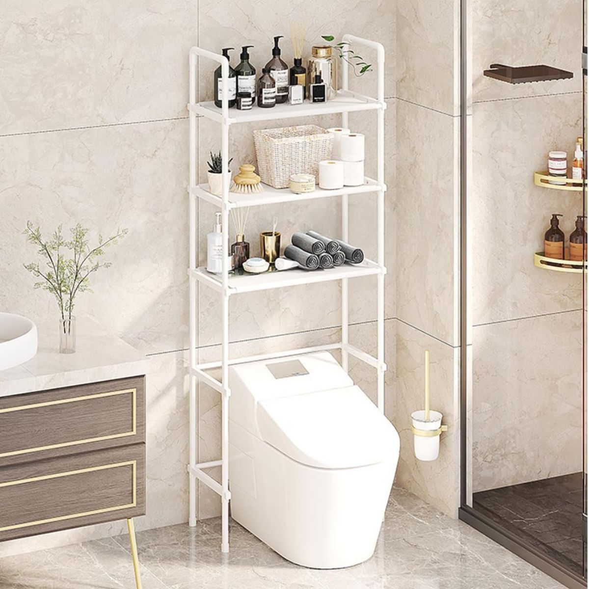 Estante Organizador para Baño sobre Inodoro de 3 Niveles. Mueble repisa para almacenamiento. Color blanco. 149x45.3x26cm