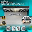Campana Extractora SLIM Touchless 76 cm cuerpo Inoxidable satinado con frente de vidrio negro. 80Watts Filtro deflector (Baffle) 110V