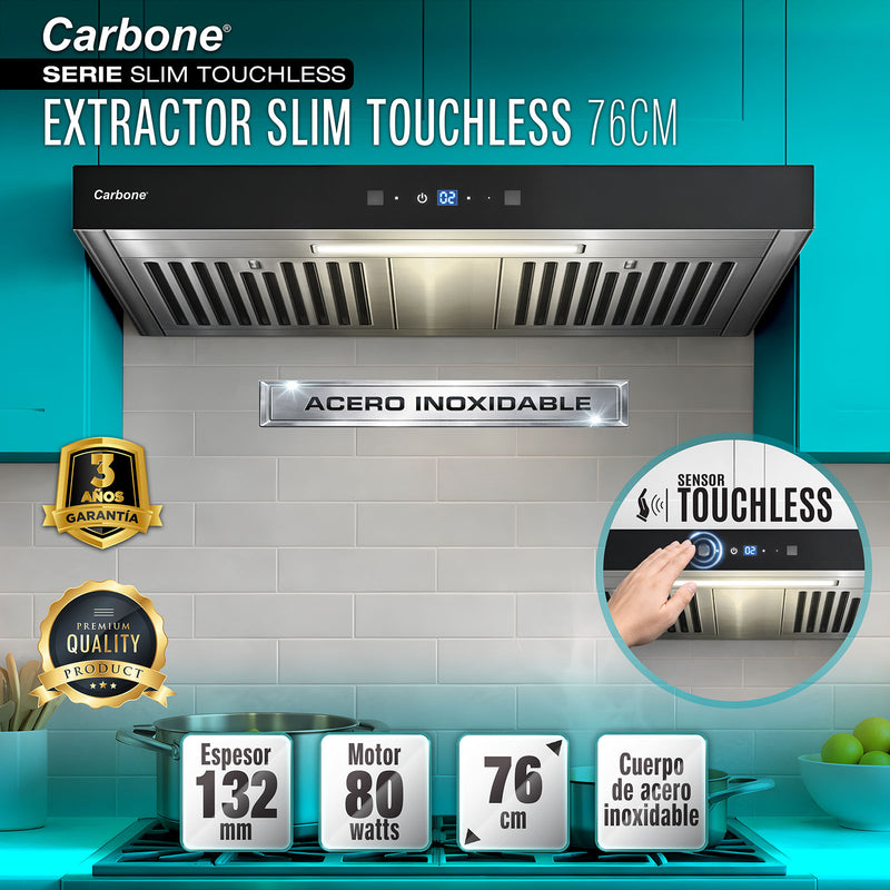 Campana Extractora SLIM Touchless 76 cm cuerpo Inoxidable satinado con frente de vidrio negro. 80Watts Filtro deflector (Baffle) 110V