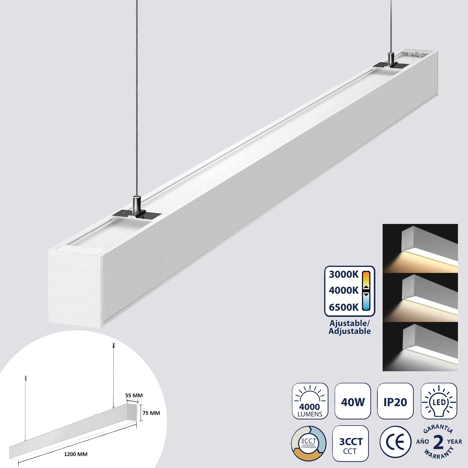 Lámpara Lineal colgante LED Blanca 40W CCT 4000 lm. Conexión continua hasta 20 lámparas