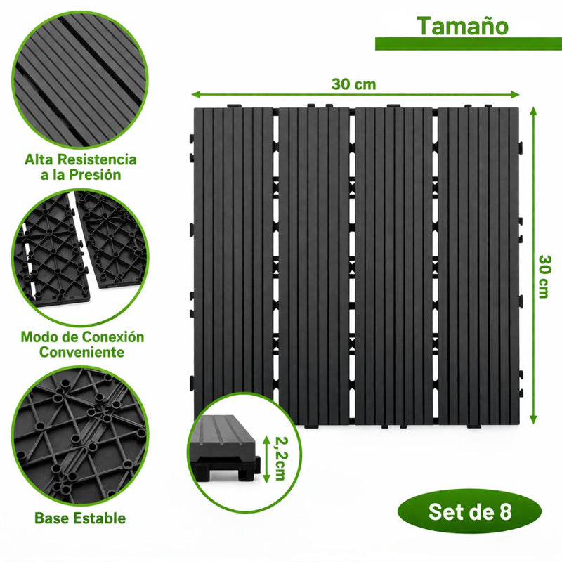Baldosas Deck WPC 30x30 cm Pack 8 Piezas. Piso Exterior Madera Plástico PP Resistente al Agua y UV. Sistema Encaje Fácil. Uso Jardín Terraza Patio Color Gris Oscuro