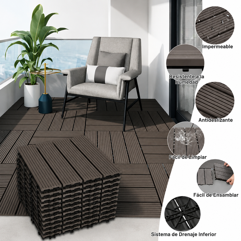 Baldosas Deck WPC 30x30 cm Pack 8 Piezas. Piso Exterior Madera Plástico PP Resistente al Agua y UV. Sistema Encaje Fácil. Uso Jardín Terraza Patio Color Gris Oscuro