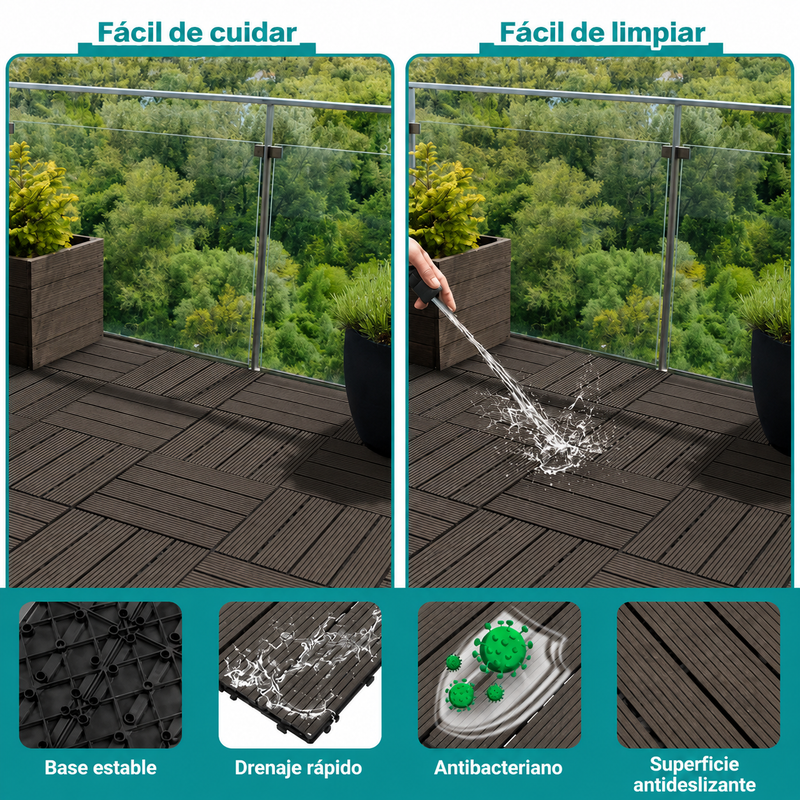 Baldosas Deck WPC 30x30 cm Pack 8 Piezas. Piso Exterior Madera Plástico PP Resistente al Agua y UV. Sistema Encaje Fácil. Uso Jardín Terraza Patio Color Gris Oscuro