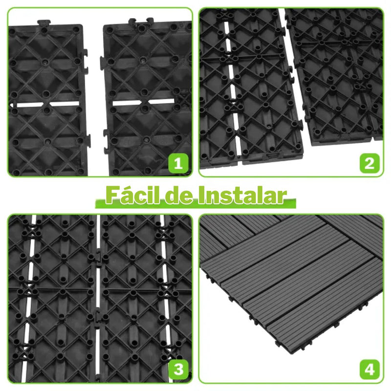Baldosas Deck WPC 30x30 cm Pack 8 Piezas. Piso Exterior Madera Plástico PP Resistente al Agua y UV. Sistema Encaje Fácil. Uso Jardín Terraza Patio Color Gris Oscuro