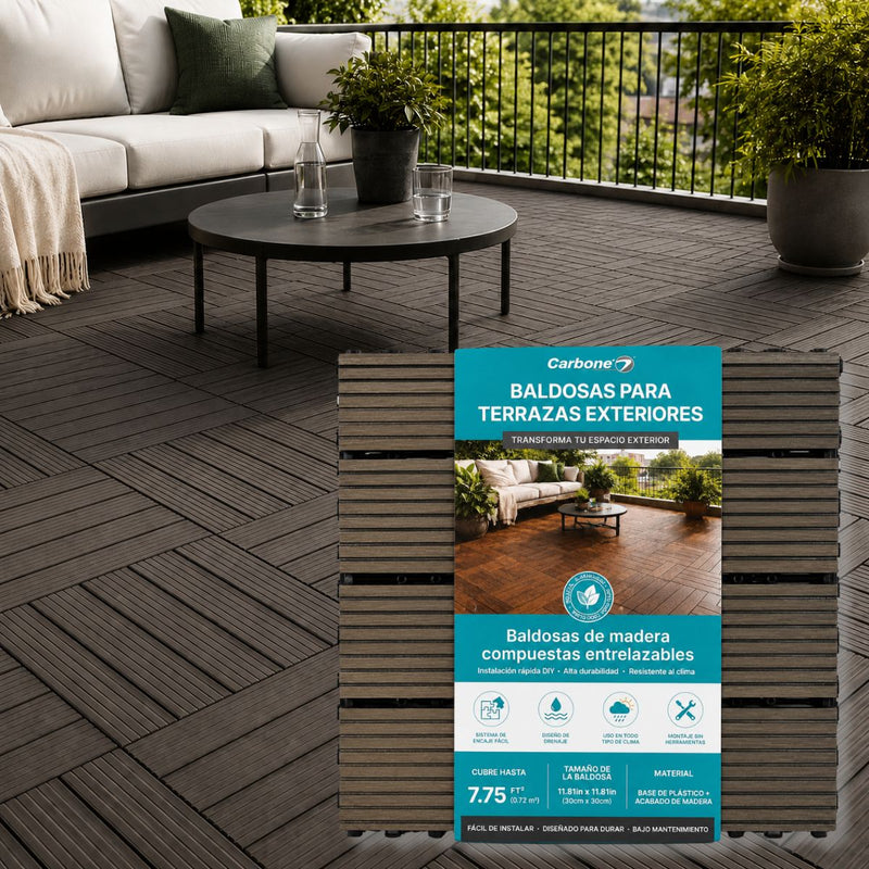 Baldosas Deck WPC 30x30 cm Pack 8 Piezas. Piso Exterior Madera Plástico PP Resistente al Agua y UV. Sistema Encaje Fácil. Uso Jardín Terraza Patio Color Gris Oscuro