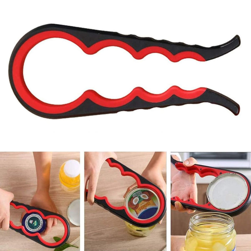 Abrebotellas Multifuncional 6 en 1 Antideslizante 23 cm Negro y Rojo. Destapador de Vino, Frascos y Tapas Metálicas con Mango Ergonómico