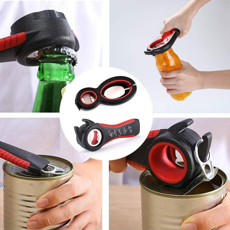 Abrebotellas Multifuncional 6 en 1 Antideslizante 23 cm Negro y Rojo. Destapador de Vino, Frascos y Tapas Metálicas con Mango Ergonómico