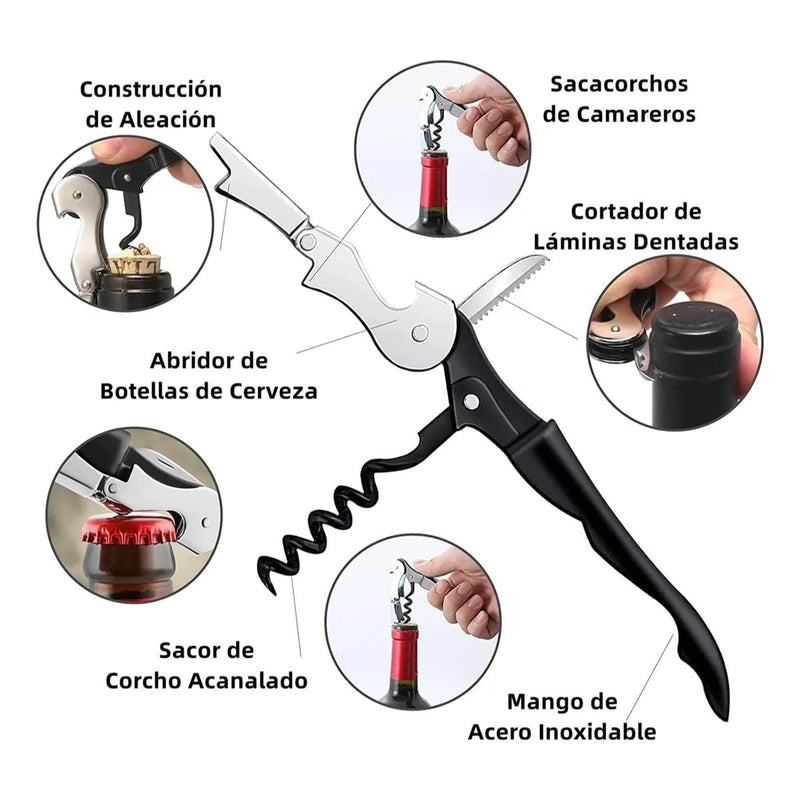 Abrebotellas Multifuncional 6 en 1 Antideslizante 23 cm Negro y Rojo. Destapador de Vino, Frascos y Tapas Metálicas con Mango Ergonómico