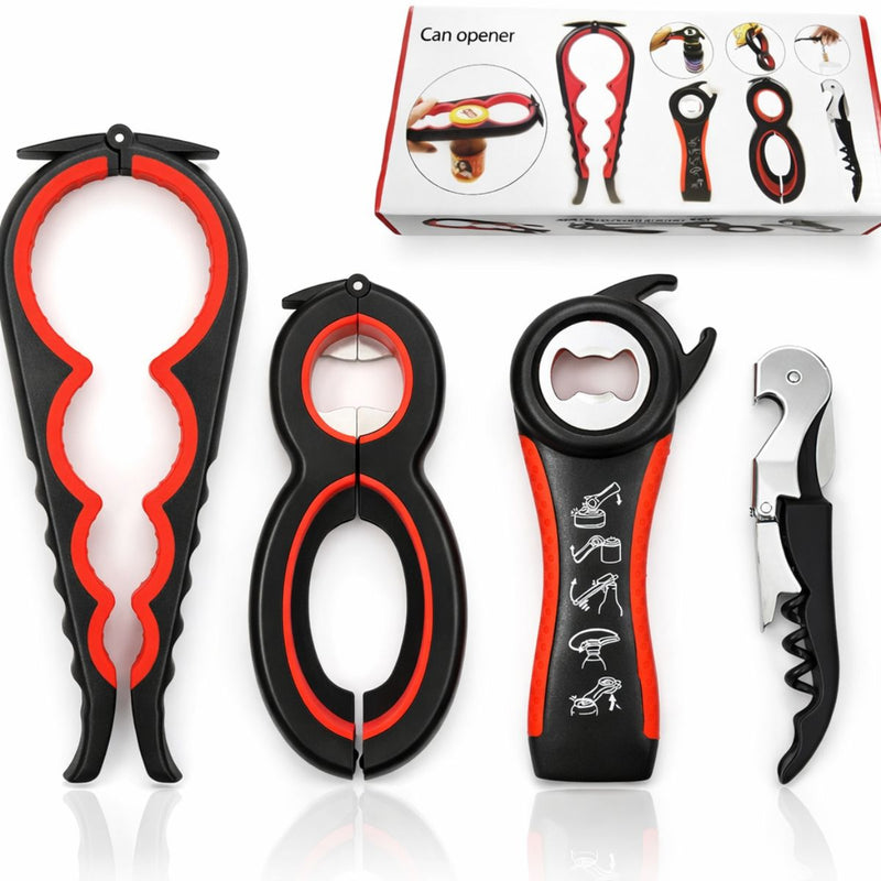 Abrebotellas Multifuncional 6 en 1 Antideslizante 23 cm Negro y Rojo. Destapador de Vino, Frascos y Tapas Metálicas con Mango Ergonómico