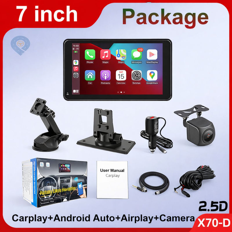 Monitor Táctil HD 7” Para Auto con Cámara de Reversa, Bluetooth, AirPlay y Control por Voz. Pantalla Portátil para Vehículo con CarPlay y Android Auto Inalámbrico