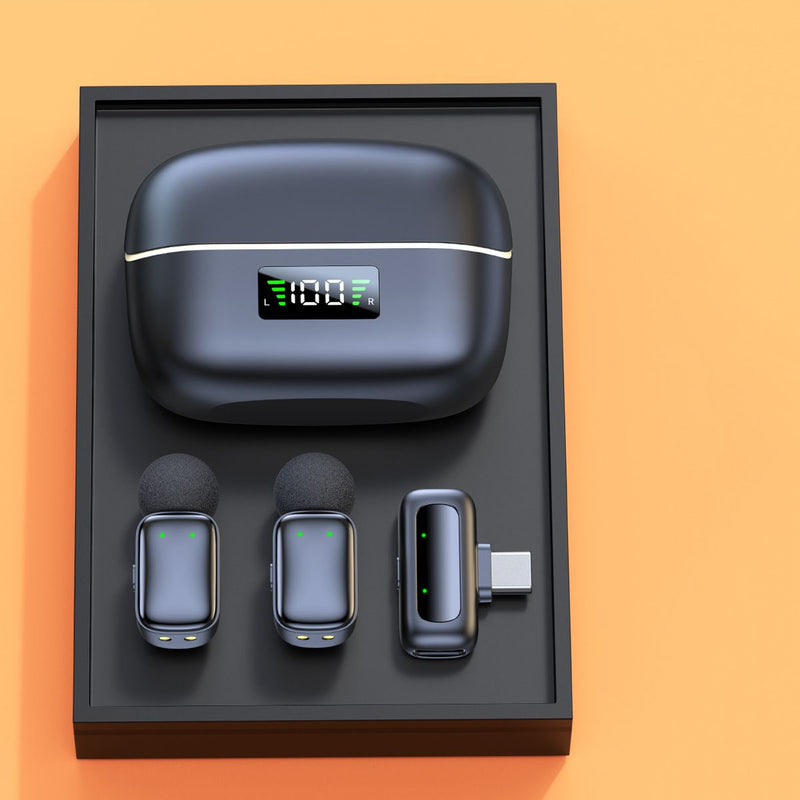Micrófonos Inalámbricos Duales con Cancelación de Ruido. Conexión USB-C y adaptador de apple. Estuche con Pantalla Digital y 24h de Autonomía.