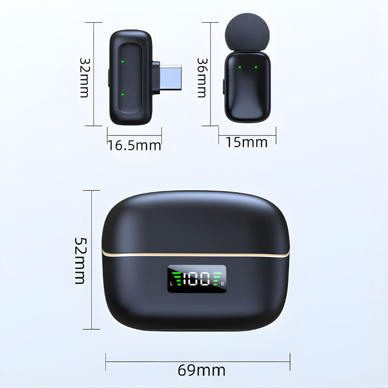 Micrófonos Inalámbricos Duales con Cancelación de Ruido. Conexión USB-C y adaptador de apple. Estuche con Pantalla Digital y 24h de Autonomía.