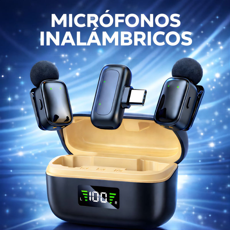 Micrófonos Inalámbricos Duales con Cancelación de Ruido. Conexión USB-C y adaptador de apple. Estuche con Pantalla Digital y 24h de Autonomía.